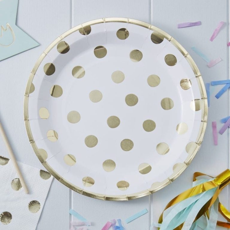 42408bae25b00672f69eed68cb78b439ab1debfa-2.jpg Gold Foiled Polka Dot Paper Plates