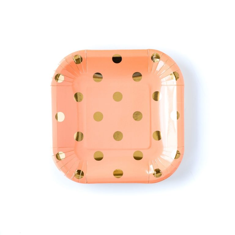 Coral Square Small Plates with Gold Foil Dots